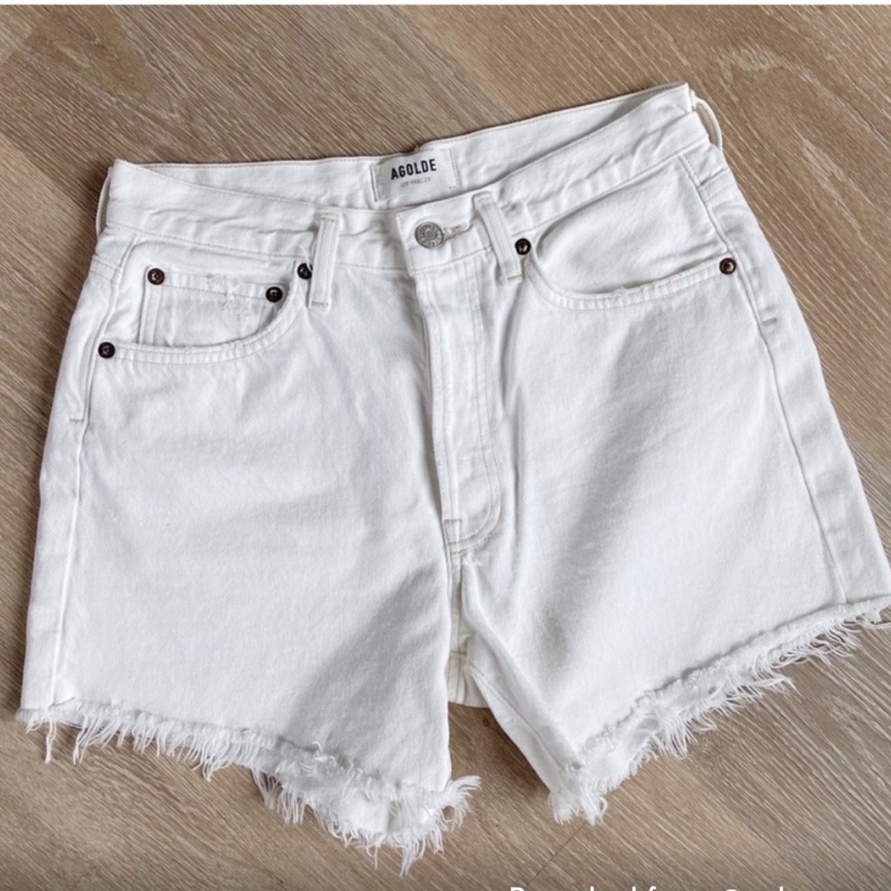 Agolde Parker Long Denim Shorts Panna Cotta, Off White, Size 25